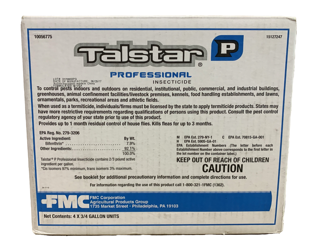 A white bottle labeled 'Talstar Professional' with blue and black text, indicating it is an insecticide product.