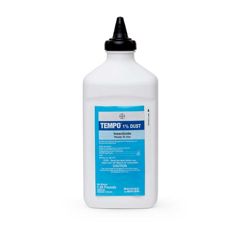 A white bottle labeled 'Tempo 1% Dust' used for pest control.