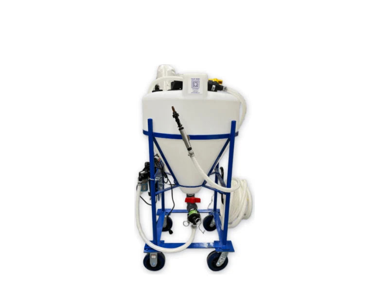 Cone-bottom liquid applicator tank on a blue wheeled frame