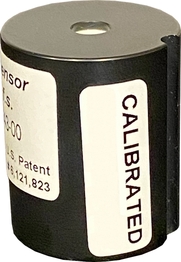 Black cylindrical sensor with 'Calibrated' label on a white background