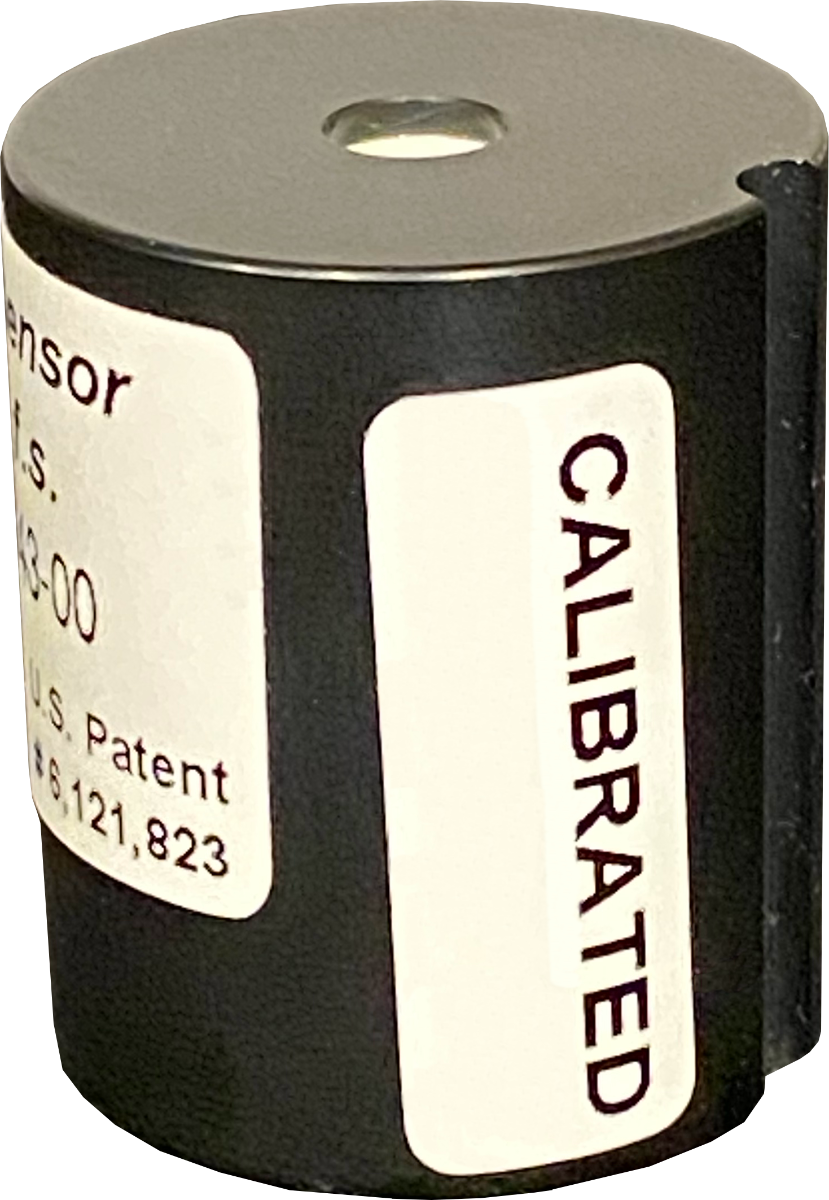 Black cylindrical sensor with 'Calibrated' label on a white background