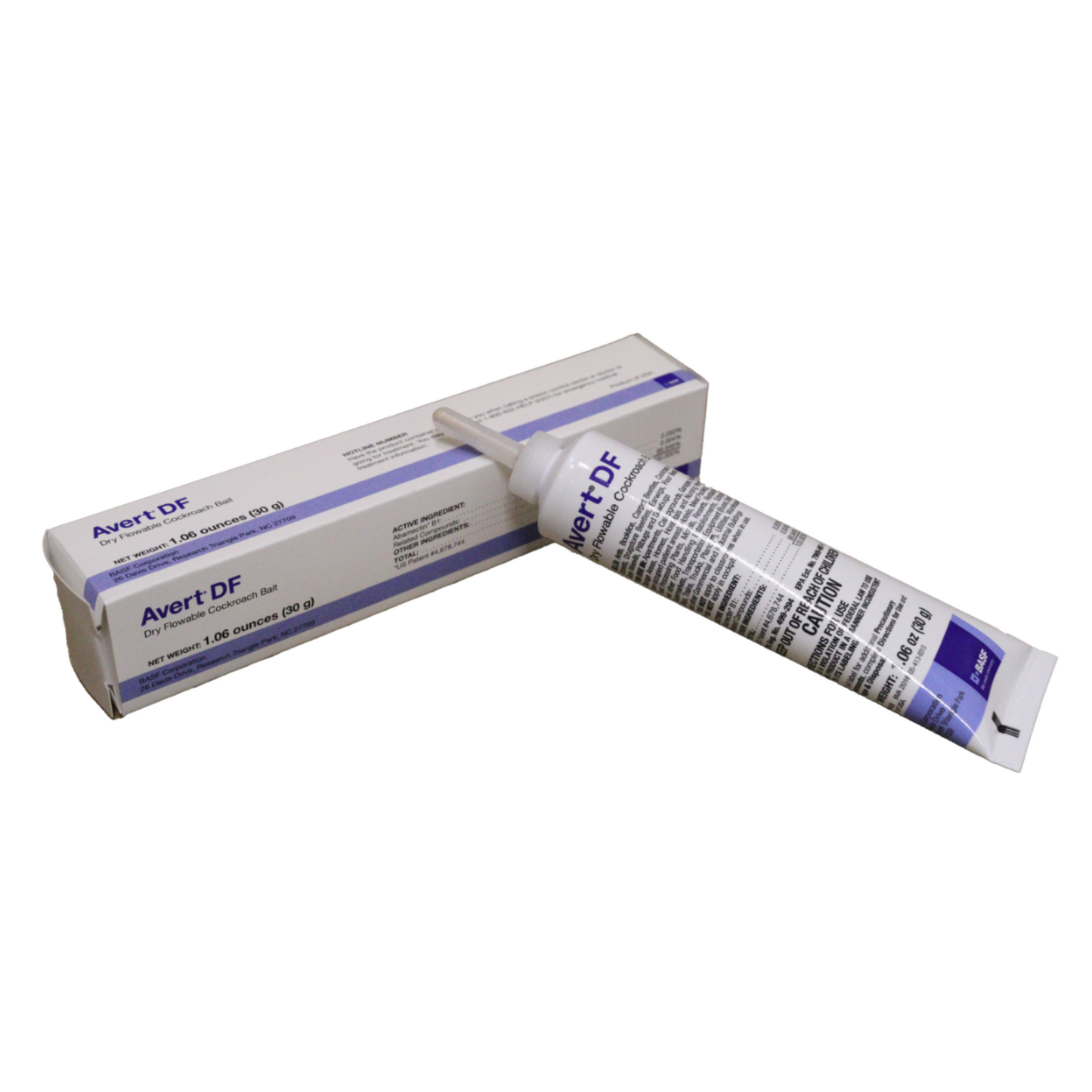 Avert DF Dry Flowable Cockroach Bait in a tube with product information and branding on the packaging.