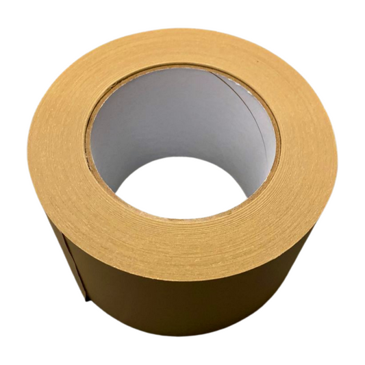 A roll of brown tape, likely brown paper tape, with a visible core and a partially unrolled section.
