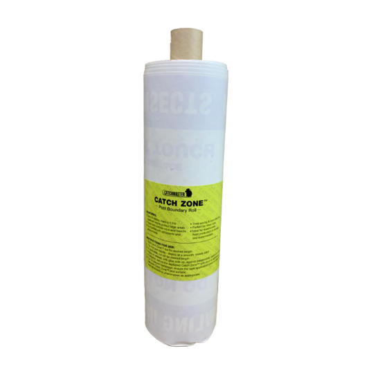 A roll of Catch Zone pest boundary trap, primarily gray in color with product information and branding printed in yellow.