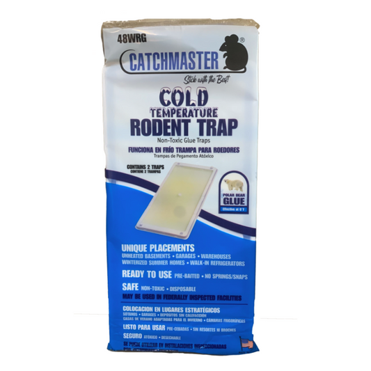 Catchmaster Rodent Trap Cold Temperature features a specially formulated adhesive that remains effective in temperatures as low as 0° F. Unlike standard glue traps, it performs reliably in unheated garages, basements during winter, and commercial walk-in refrigerators where typical traps fail. This makes it a superior solution for cold environments requiring consistent and professional rodent control.