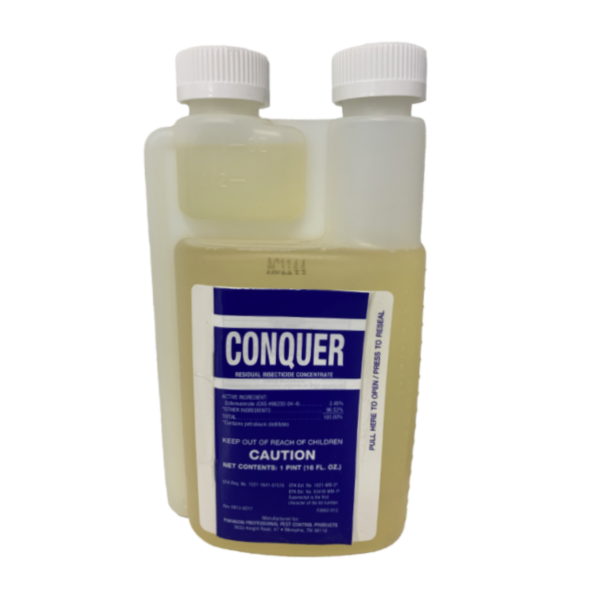 A bottle of Conquer insecticide concentrate with labels indicating it is a general use pesticide.