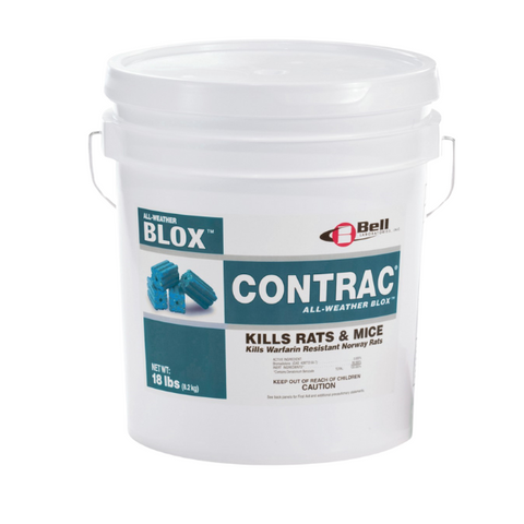 A white bucket with the CONTRAC brand logo and the product name 'Blox' on it. The bucket is labeled for rodent control and includes a picture of the blue bait blocks inside.
