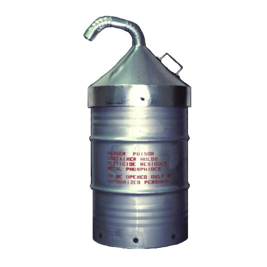Metal canister with a hook on top, labeled 'Poison' on a white background