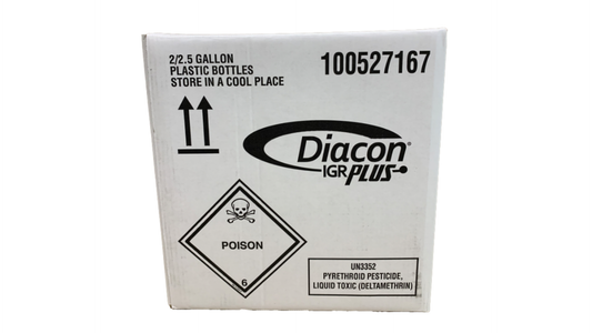 Box of Diacon IGR Plus pesticide with warning labels on a white background