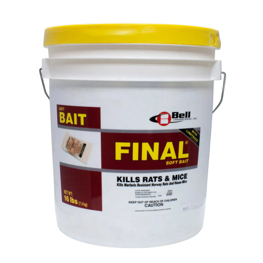 A white pail labeled 'FINAL Soft Bait' by Bell, with a yellow lid, designed for killing rats and mice.