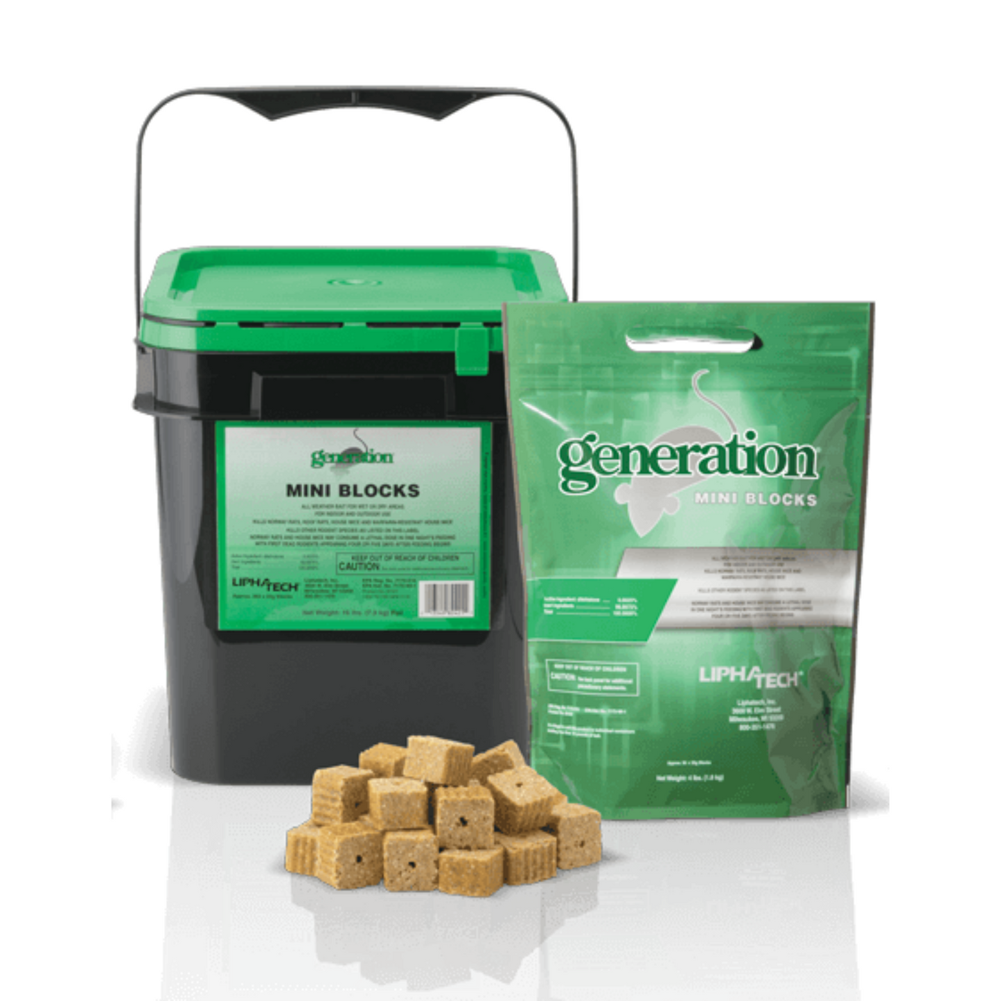 A pail labeled 'Generation Mini Blocks' with a green lid and a bag of the same product next to it, both featuring the Liphatech brand. The pail has a black base with a handle and the product is designed to attract and control rats.
