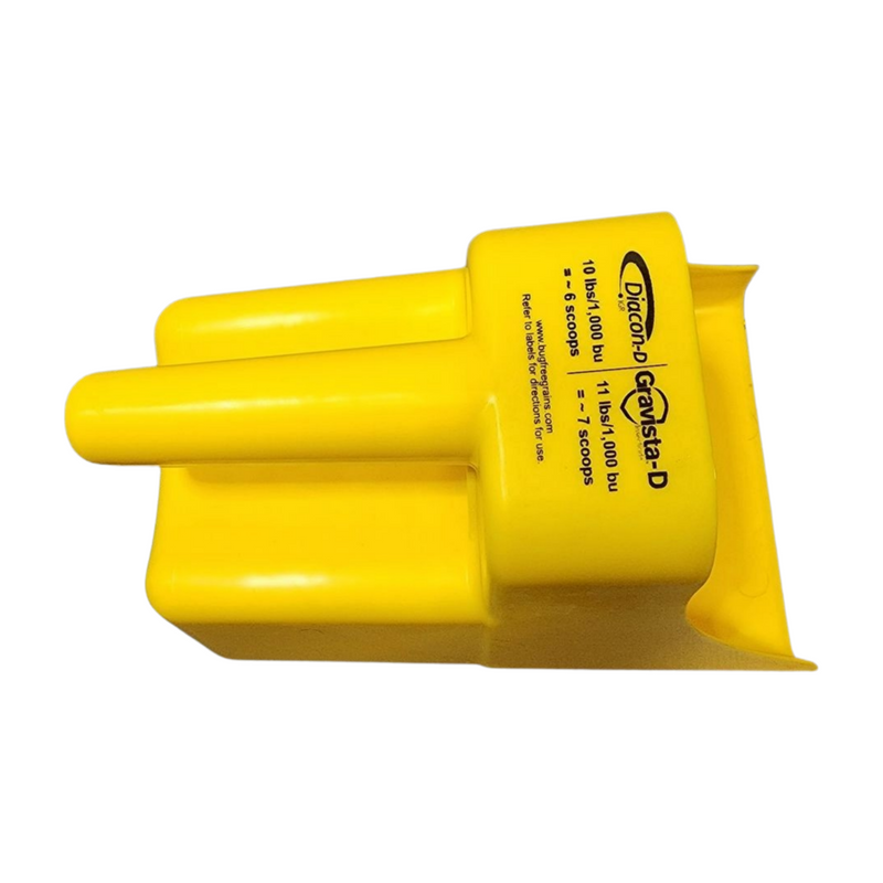 Accurate scoop size for consistent grain protectant application of products like Gravista D, Diacon D, etc.