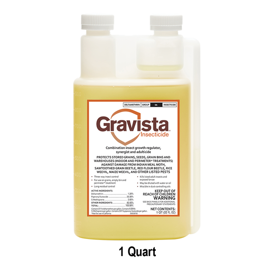 Gravista Liquid Grain Protectant combines three treatments in one to kill pests and stop their life cycles. It controls insects like Indian meal moths, grain beetles, weevils, and borers, protecting stored grains effectively.