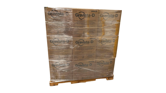Stack of Gravista-D boxes on a pallet with clear plastic wrap.