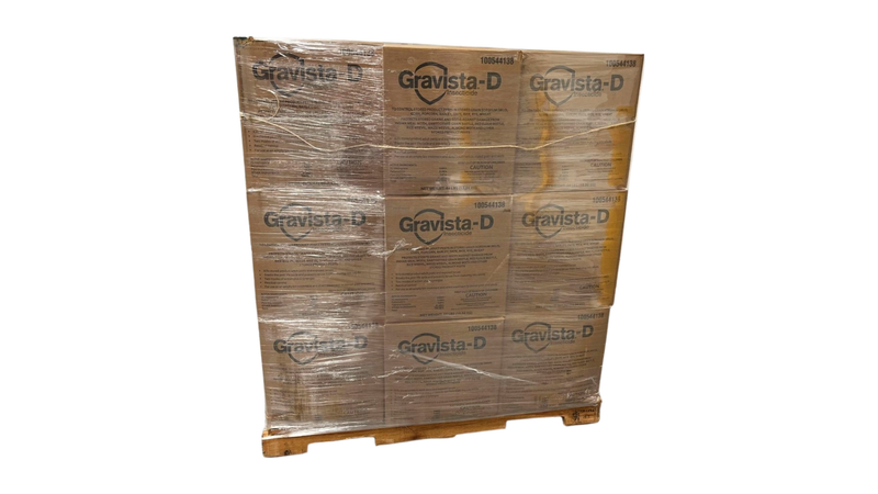 Stack of Gravista-D boxes on a pallet with clear plastic wrap.