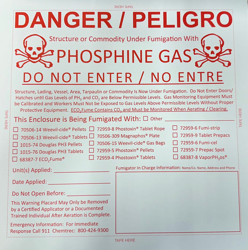 A red and white placard case for Phosphine gas fumigation, detailing safety procedures and equipment requirements.