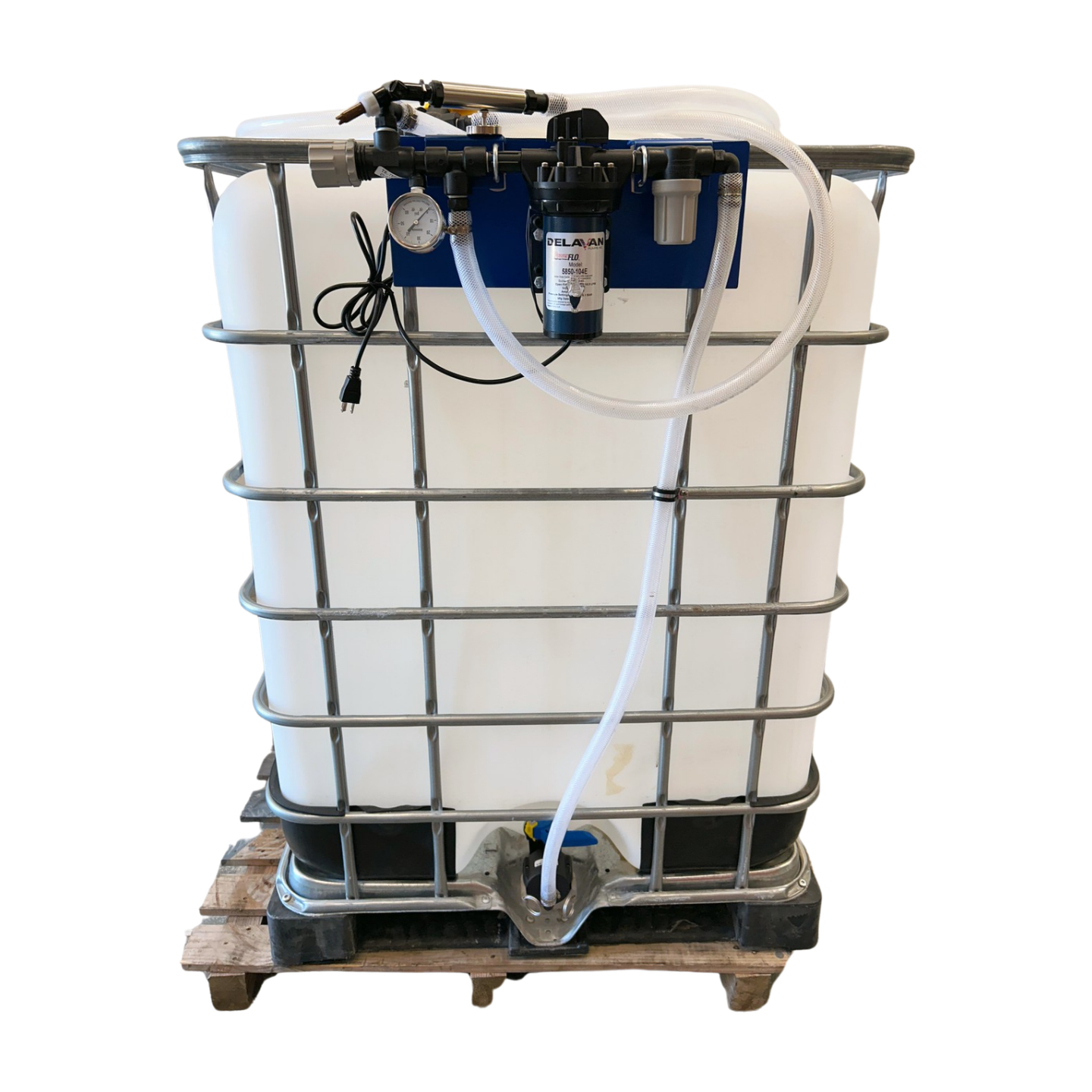 White industrial tank with plumbing and equipment on a white background