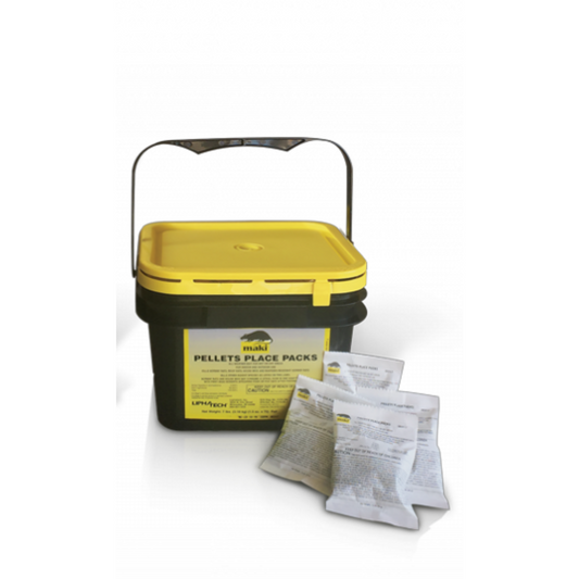 A yellow pail with a black lid labeled 'Maki Pellet Place Packs' alongside several white sachets of bait pellets.