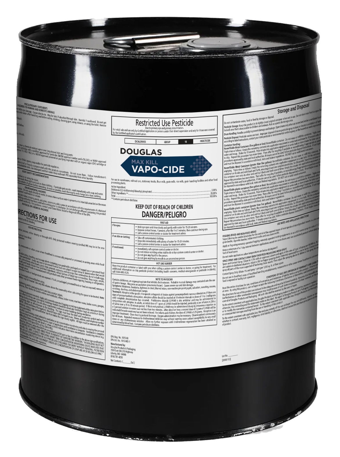 Douglas Vapo-Cide pesticide container with label on a white background