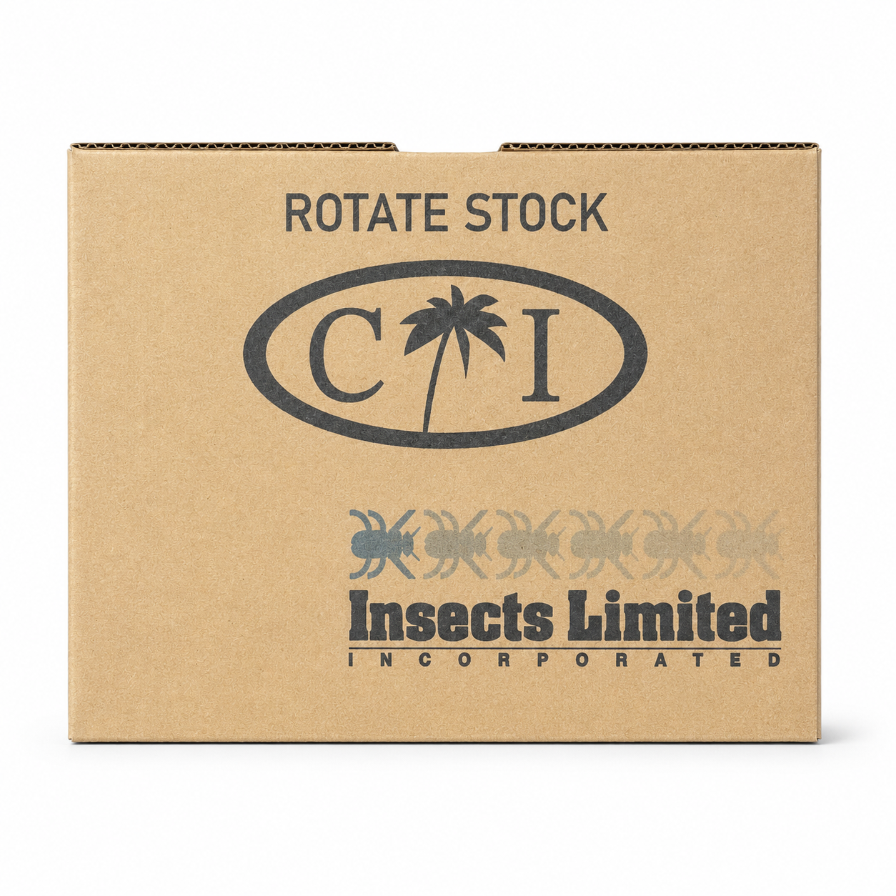 A brown cardboard shipping box with printed black text reading 'ROTATE STOCK' and the 'CI Insects Limited Incorporated' logo, shown on a white background.