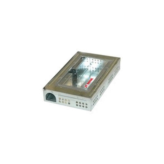 A clear-lidded mouse trap with a metal body, designed to catch multiple mice in a case of 12.