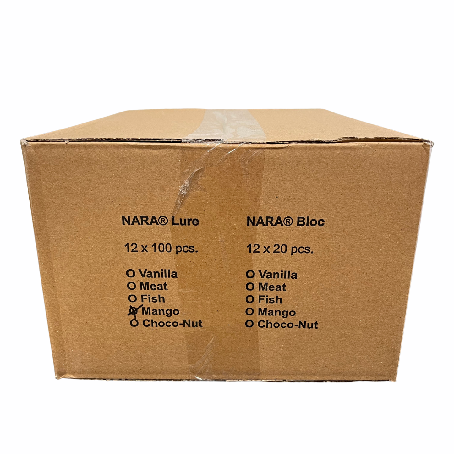 Cardboard box with NARA Lure and NARA Bloc product details on a white background