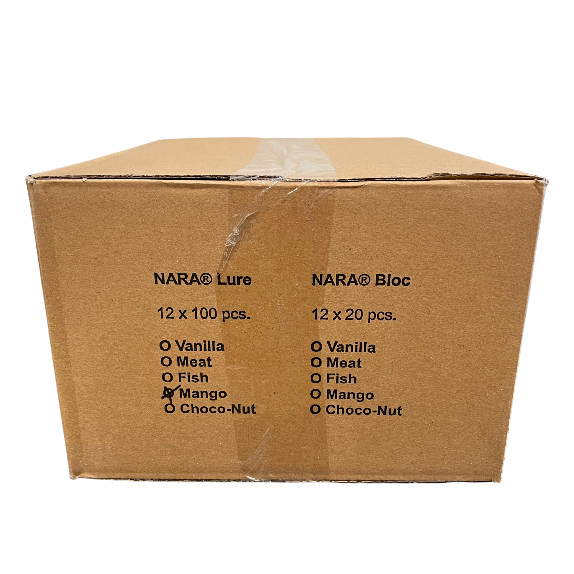 Cardboard box with NARA Lure and NARA Bloc product details on a white background