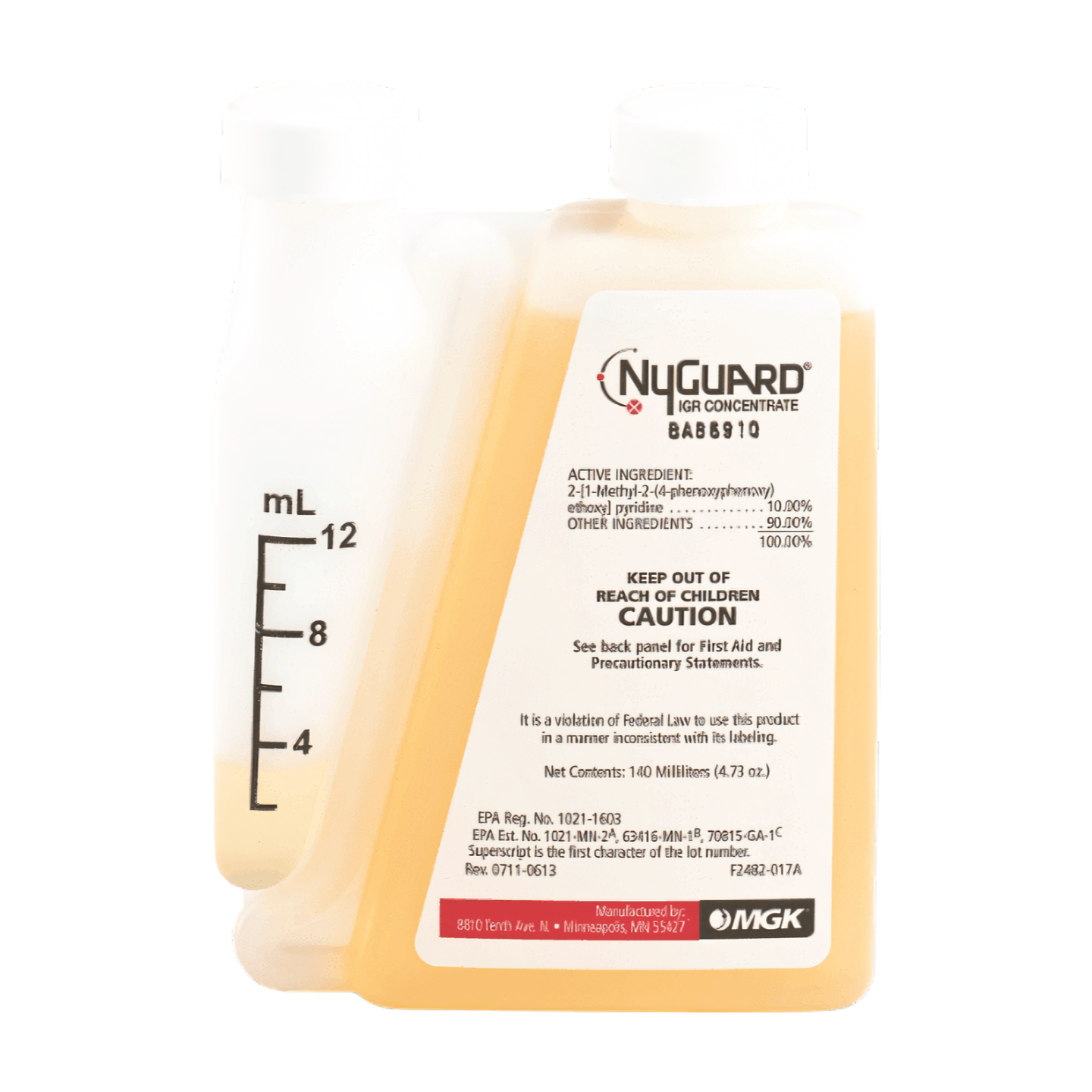 bottle of NyGuard IGR Concentrate with measurement markings on the labels, indicating the product is used for pest control.
