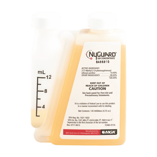 bottle of NyGuard IGR Concentrate with measurement markings on the labels, indicating the product is used for pest control.