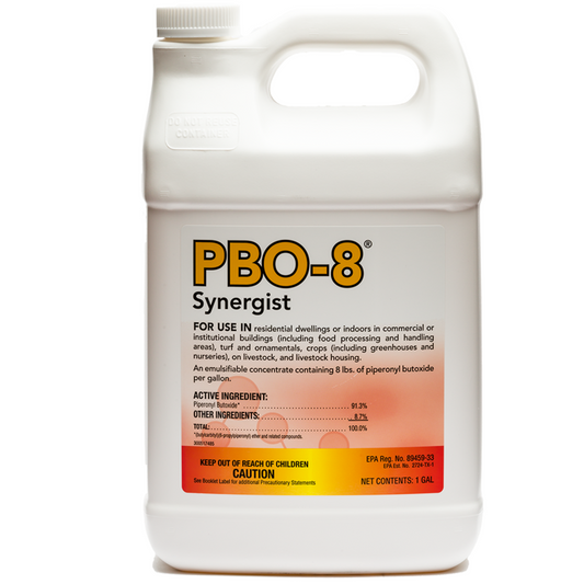 A white plastic container labeled 'PBO-8 Synergist', with red and yellow text detailing usage instructions and active ingredients.