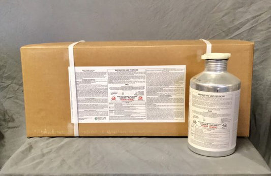 Cardboard box with a metal container on a gray surface
