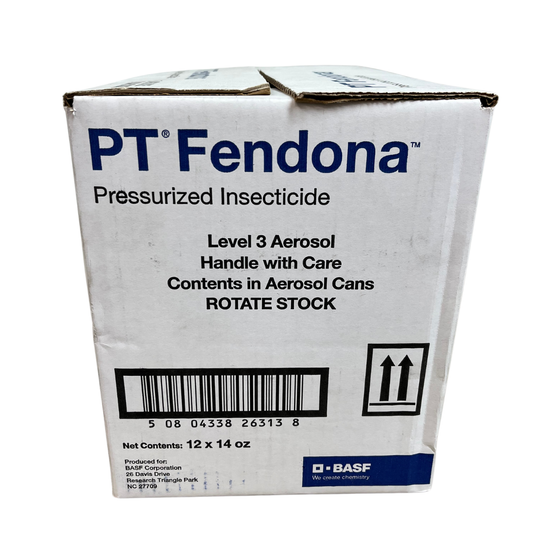 Case of PT Fendona Pressurized Insecticide 14 oz aerosol cans, BASF alpha-cypermethrin bulk packaging
