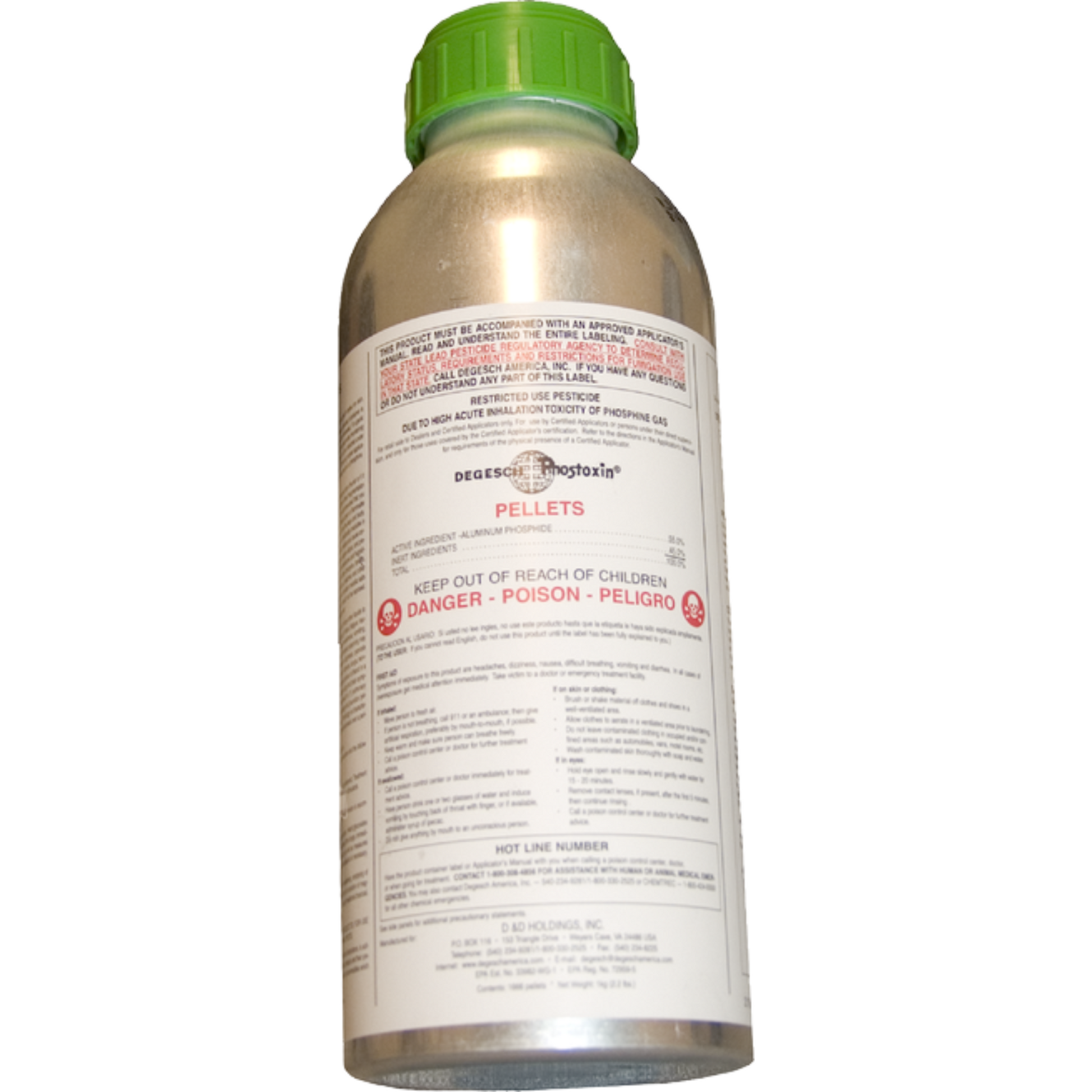 Bottle with a green cap and a long label on a white background