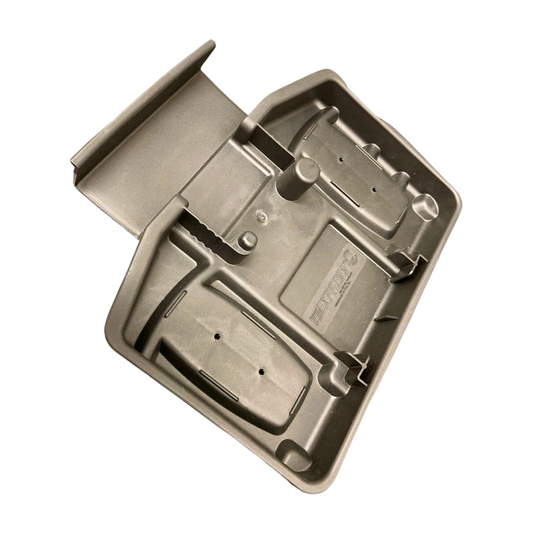 A gray metal bait station for rodents with multiple compartments and a brand logo on the side.
