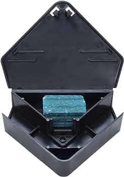 A black plastic bait station for pest control with a blue-colored substance inside.