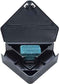 A black plastic bait station for pest control with a blue-colored substance inside.