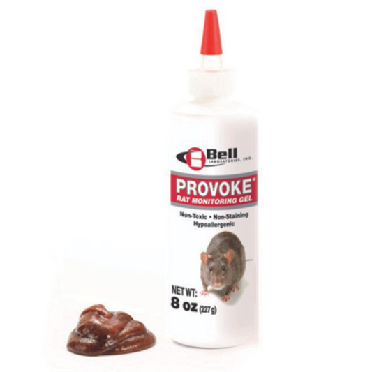 A squeeze bottle labeled 'PROVOKE Rat Bait Gel' by Bell Labs, with an image of the product and a piece of bait next to it.