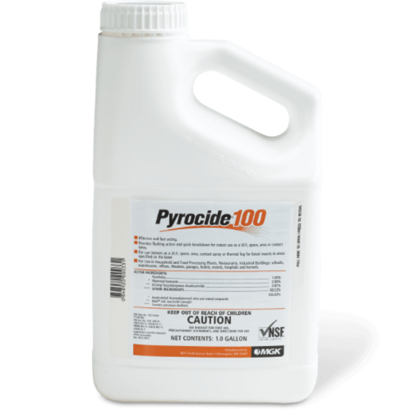 A white plastic container labeled Pyrocide 100 Fogging Concentrate with orange and black text, a product for pest control.
