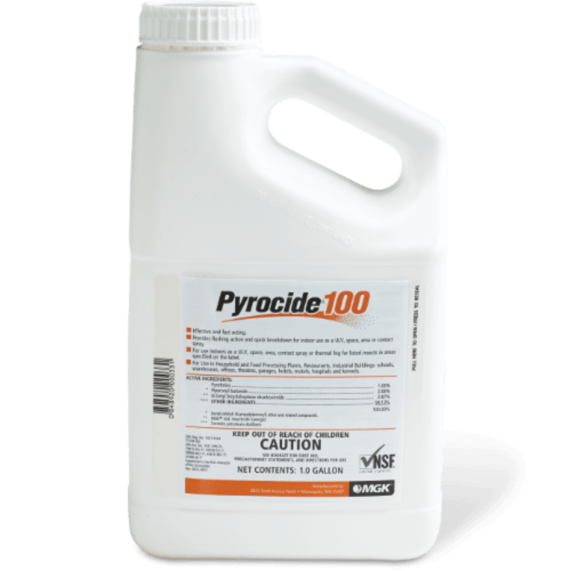 A white plastic container labeled Pyrocide 100 Fogging Concentrate with orange and black text, a product for pest control.