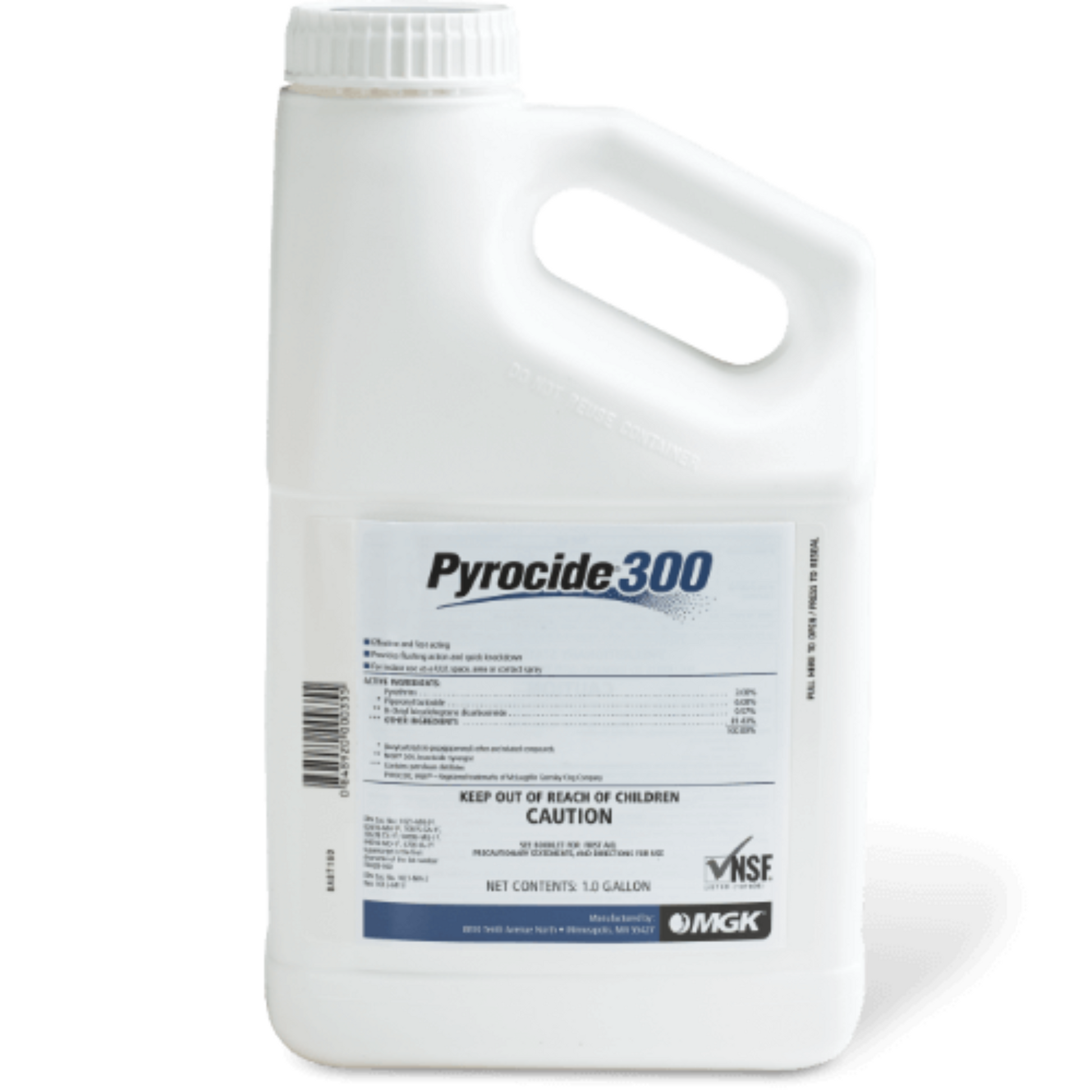 A white plastic bottle labeled Pyrocide 300 Fogging Concentrate with product information and cautionary statements.