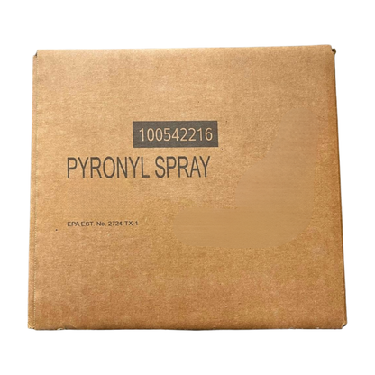 Cardboard box labeled 'Pyronyl Spray' with a unique identifier on a white background