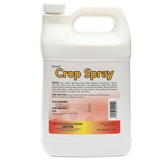 A white plastic gallon labeled 'Pyronyl Crop Spray' with red and yellow text detailing the product's use for insect control.