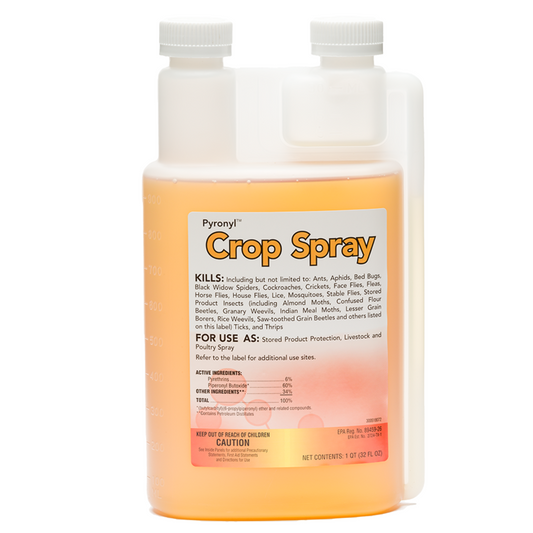 A white plastic gallon labeled 'Pyronyl Crop Spray' with red and yellow text detailing the product's use for insect control.