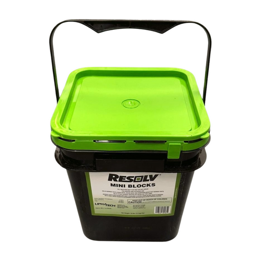 Black bucket with green lid labeled 'Resolv Mini Blocks' on a white background