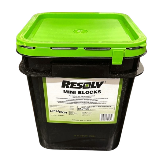 Black bucket with green lid labeled 'RESOLV Mini Blocks' on a white background