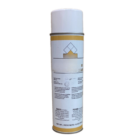 A can of spray adhesive with a white label on it, including product information and the brand logo.