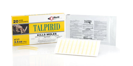 Talpirid mole control product packaging with yellow and white design on a white background