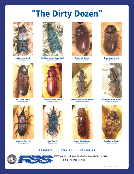 This 18" x 24" Dirty Dozen Poster helps quickly identify common stored product pests with clear illustrations, aiding in contamination prevention in food storage areas.