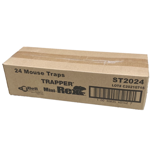 A cardboard box labeled '24 Mouse Traps' with 'TRAPPER MINI-REX' branding and a barcode.