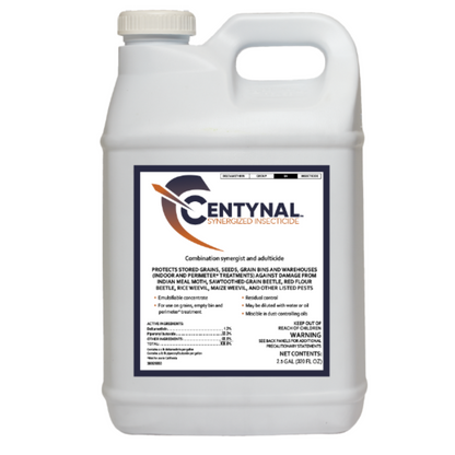 A white gallon-sized container with a label featuring the name 'Centynal' and information about the product being a synergized adulticide for grain pests.